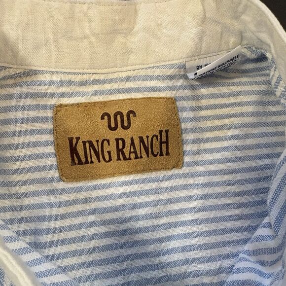 Vintage KING RANCH Banded Collar Striped Blue/White Long Sleeve Shirt Size Large - Picture 4 of 5